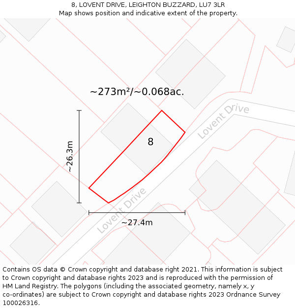 8, LOVENT DRIVE, LEIGHTON BUZZARD, LU7 3LR: Plot and title map