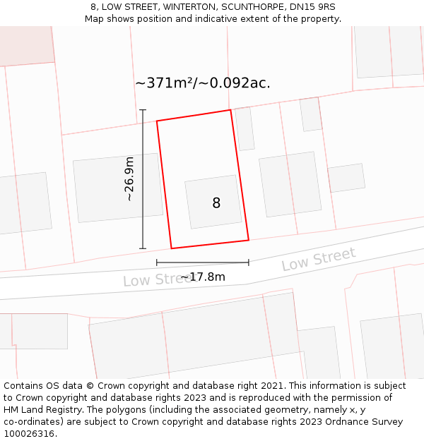 8, LOW STREET, WINTERTON, SCUNTHORPE, DN15 9RS: Plot and title map