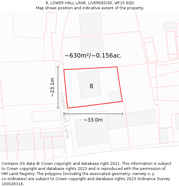 8, LOWER HALL LANE, LIVERSEDGE, WF15 6QD: Plot and title map