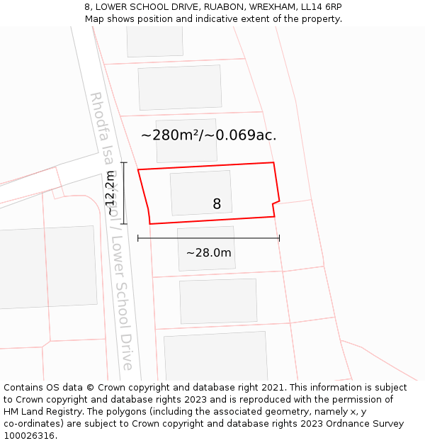 8, LOWER SCHOOL DRIVE, RUABON, WREXHAM, LL14 6RP: Plot and title map
