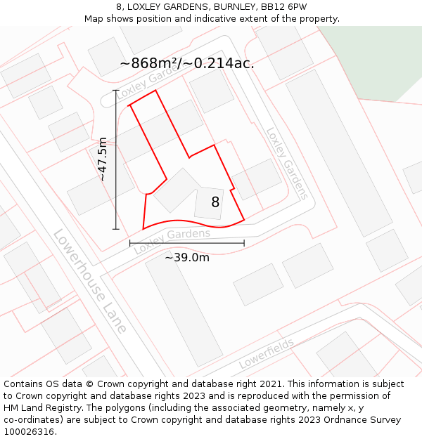 8, LOXLEY GARDENS, BURNLEY, BB12 6PW: Plot and title map