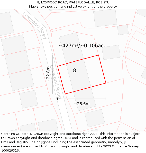 8, LOXWOOD ROAD, WATERLOOVILLE, PO8 9TU: Plot and title map