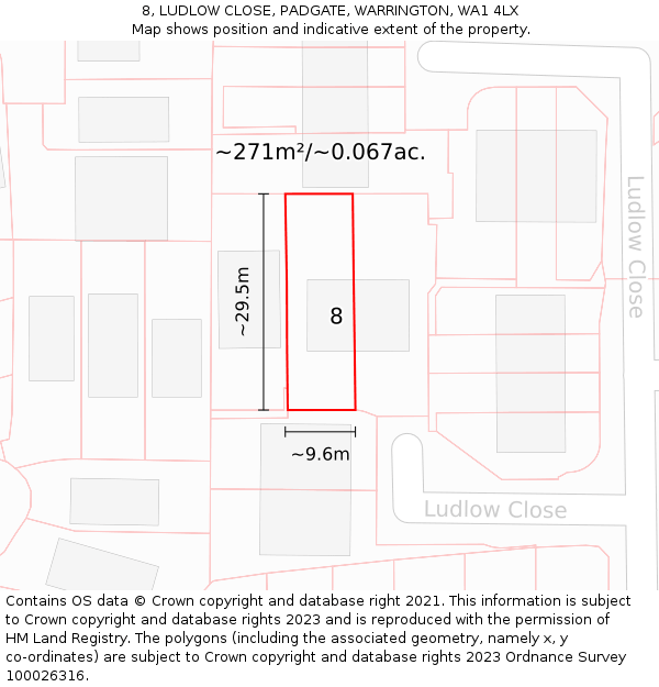 8, LUDLOW CLOSE, PADGATE, WARRINGTON, WA1 4LX: Plot and title map