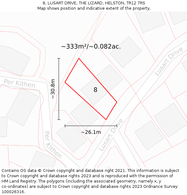 8, LUSART DRIVE, THE LIZARD, HELSTON, TR12 7RS: Plot and title map