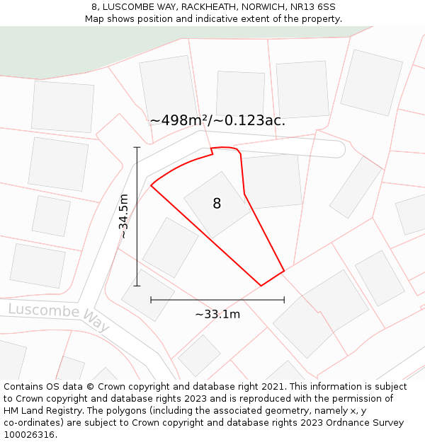 8, LUSCOMBE WAY, RACKHEATH, NORWICH, NR13 6SS: Plot and title map