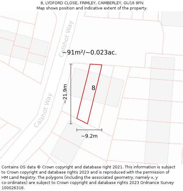 8, LYDFORD CLOSE, FRIMLEY, CAMBERLEY, GU16 9FN: Plot and title map