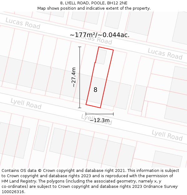 8, LYELL ROAD, POOLE, BH12 2NE: Plot and title map