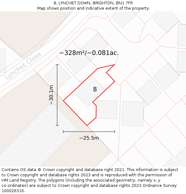 8, LYNCHET DOWN, BRIGHTON, BN1 7FR: Plot and title map