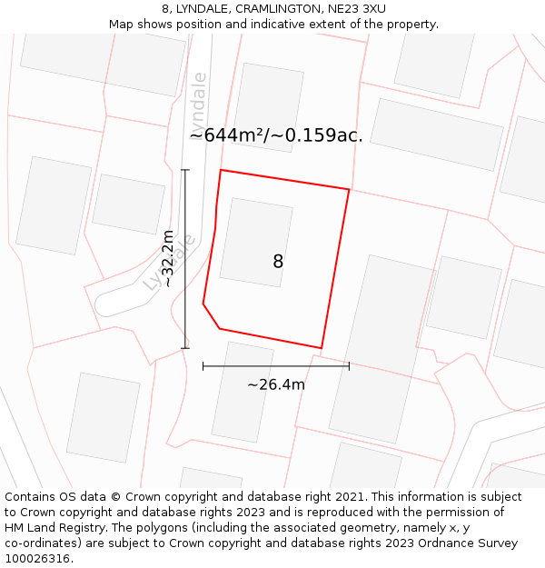 8, LYNDALE, CRAMLINGTON, NE23 3XU: Plot and title map