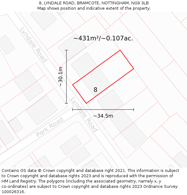 8, LYNDALE ROAD, BRAMCOTE, NOTTINGHAM, NG9 3LB: Plot and title map