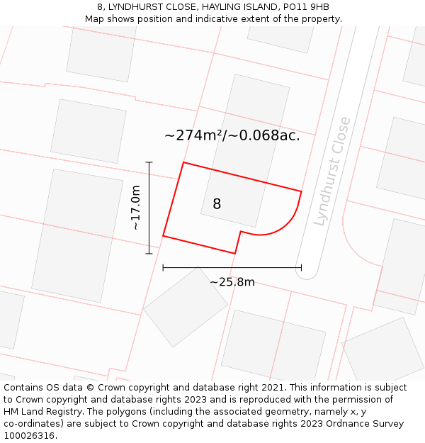 8, LYNDHURST CLOSE, HAYLING ISLAND, PO11 9HB: Plot and title map