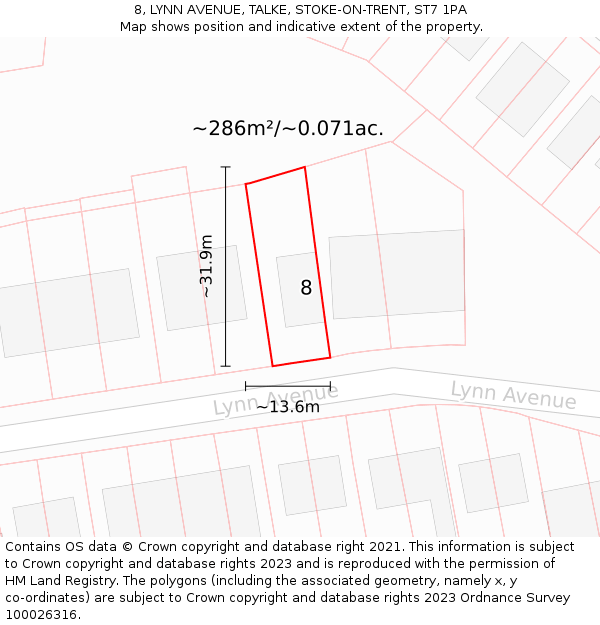 8, LYNN AVENUE, TALKE, STOKE-ON-TRENT, ST7 1PA: Plot and title map