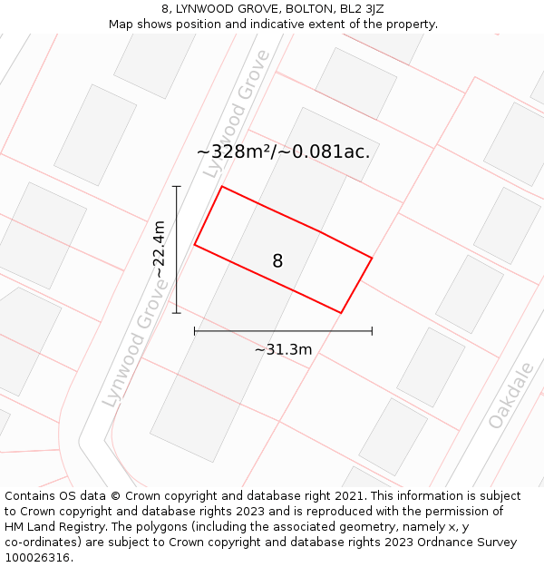 8, LYNWOOD GROVE, BOLTON, BL2 3JZ: Plot and title map