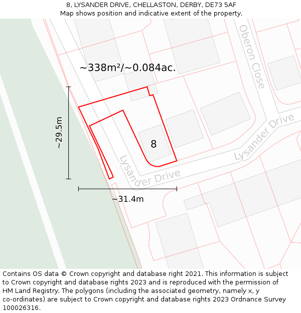 8, LYSANDER DRIVE, CHELLASTON, DERBY, DE73 5AF: Plot and title map