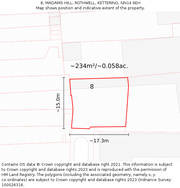 8, MADAMS HILL, ROTHWELL, KETTERING, NN14 6EH: Plot and title map