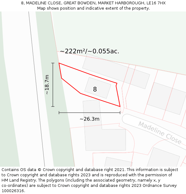 8, MADELINE CLOSE, GREAT BOWDEN, MARKET HARBOROUGH, LE16 7HX: Plot and title map