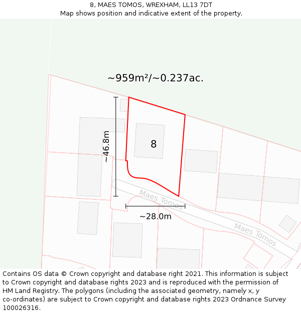 8, MAES TOMOS, WREXHAM, LL13 7DT: Plot and title map