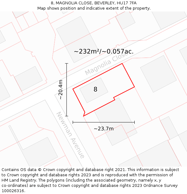 8, MAGNOLIA CLOSE, BEVERLEY, HU17 7FA: Plot and title map