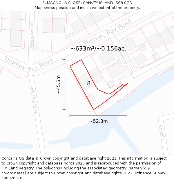 8, MAGNOLIA CLOSE, CANVEY ISLAND, SS8 0GD: Plot and title map