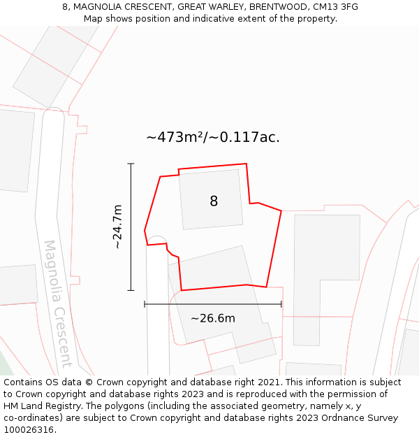 8, MAGNOLIA CRESCENT, GREAT WARLEY, BRENTWOOD, CM13 3FG: Plot and title map