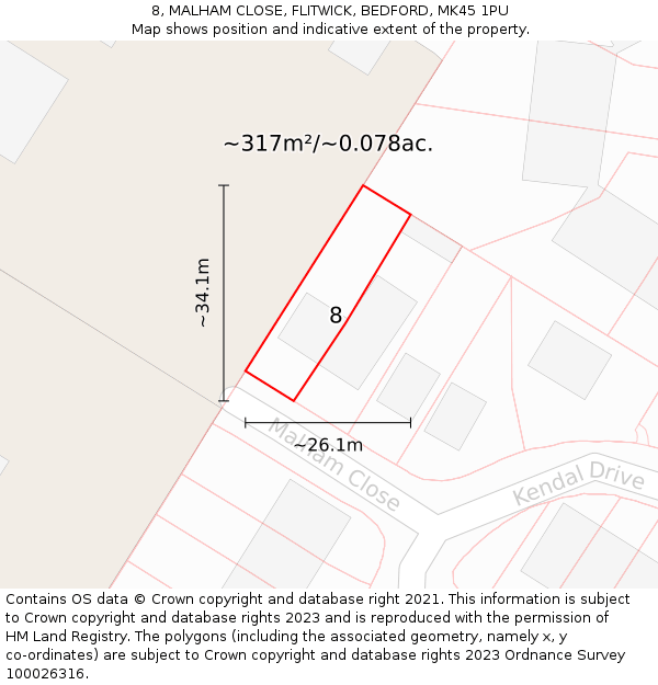 8, MALHAM CLOSE, FLITWICK, BEDFORD, MK45 1PU: Plot and title map