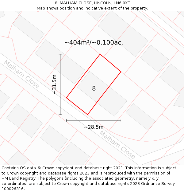 8, MALHAM CLOSE, LINCOLN, LN6 0XE: Plot and title map