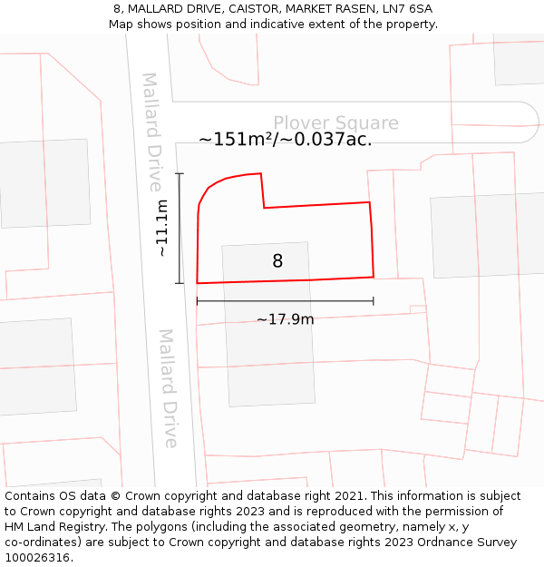 8, MALLARD DRIVE, CAISTOR, MARKET RASEN, LN7 6SA: Plot and title map