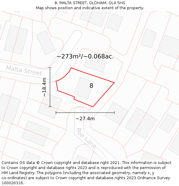 8, MALTA STREET, OLDHAM, OL4 5HS: Plot and title map