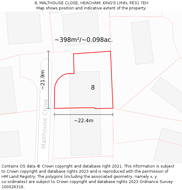 8, MALTHOUSE CLOSE, HEACHAM, KING'S LYNN, PE31 7EH: Plot and title map
