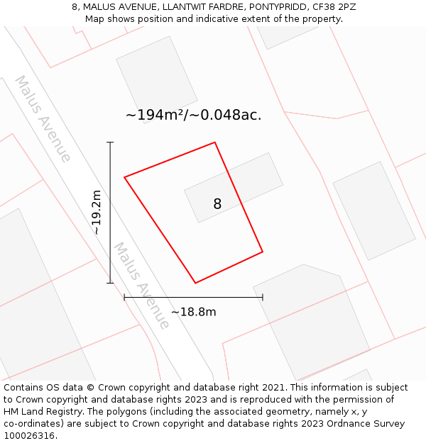 8, MALUS AVENUE, LLANTWIT FARDRE, PONTYPRIDD, CF38 2PZ: Plot and title map