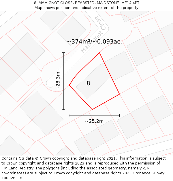 8, MAMIGNOT CLOSE, BEARSTED, MAIDSTONE, ME14 4PT: Plot and title map