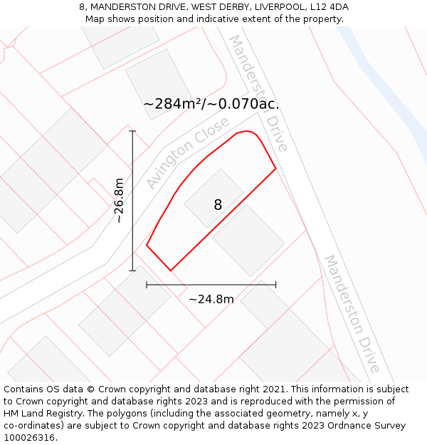 8, MANDERSTON DRIVE, WEST DERBY, LIVERPOOL, L12 4DA: Plot and title map