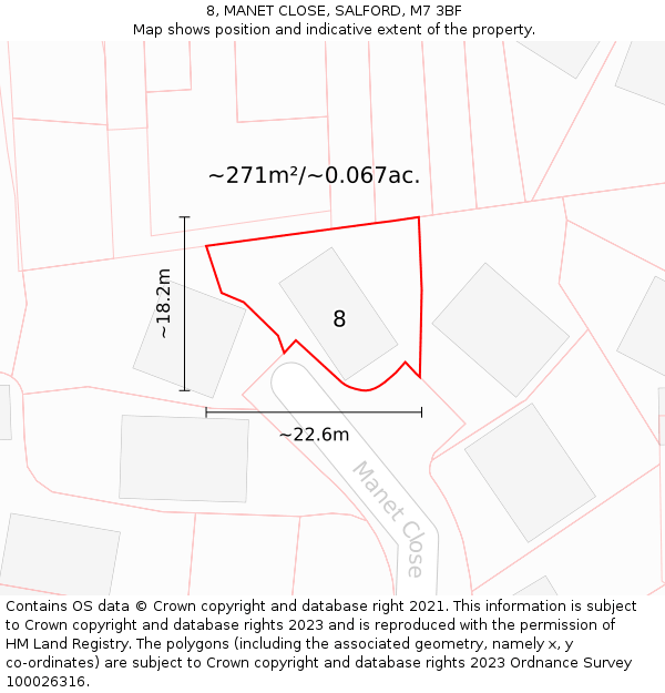 8, MANET CLOSE, SALFORD, M7 3BF: Plot and title map