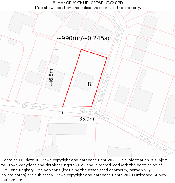 8, MANOR AVENUE, CREWE, CW2 8BD: Plot and title map