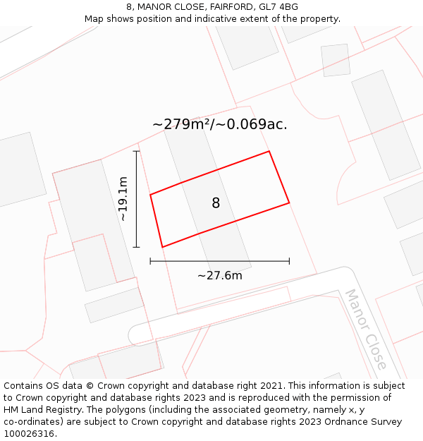 8, MANOR CLOSE, FAIRFORD, GL7 4BG: Plot and title map