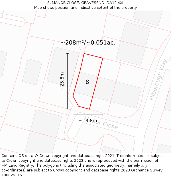 8, MANOR CLOSE, GRAVESEND, DA12 4XL: Plot and title map