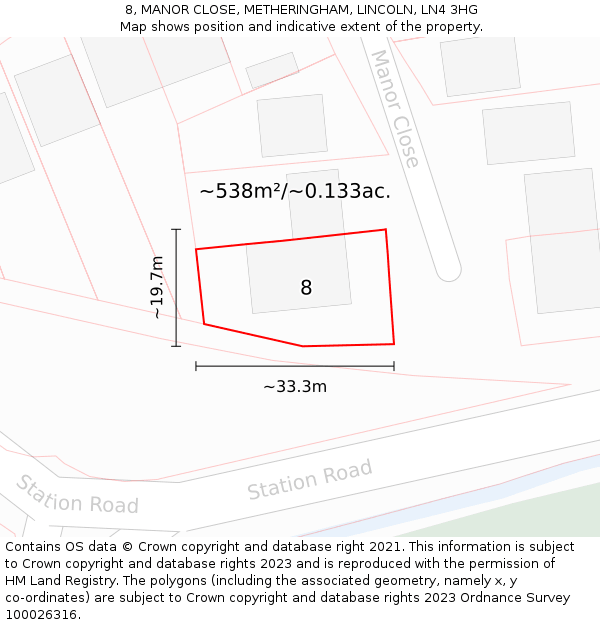 8, MANOR CLOSE, METHERINGHAM, LINCOLN, LN4 3HG: Plot and title map