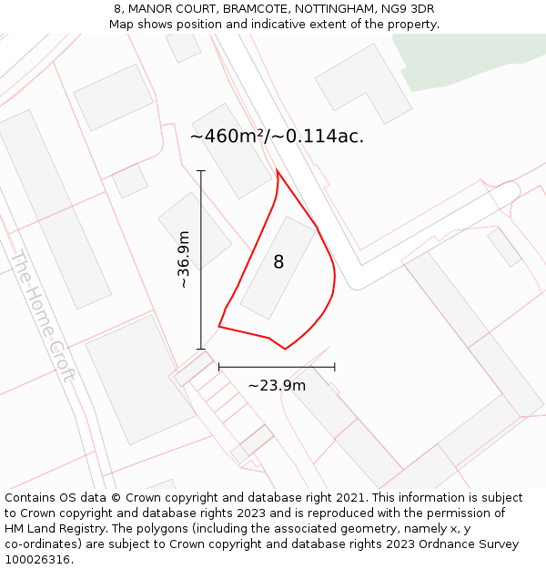 8, MANOR COURT, BRAMCOTE, NOTTINGHAM, NG9 3DR: Plot and title map