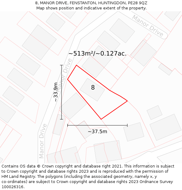 8, MANOR DRIVE, FENSTANTON, HUNTINGDON, PE28 9QZ: Plot and title map