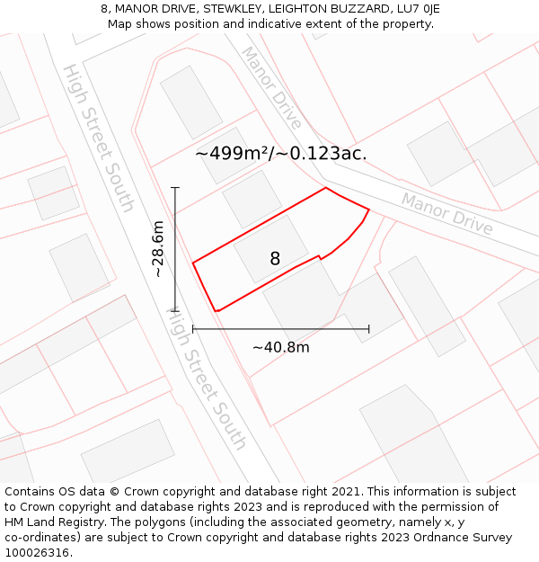 8, MANOR DRIVE, STEWKLEY, LEIGHTON BUZZARD, LU7 0JE: Plot and title map