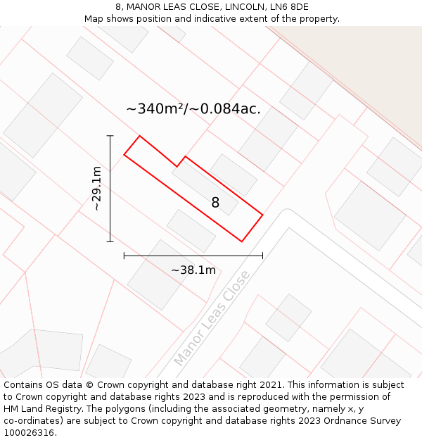 8, MANOR LEAS CLOSE, LINCOLN, LN6 8DE: Plot and title map