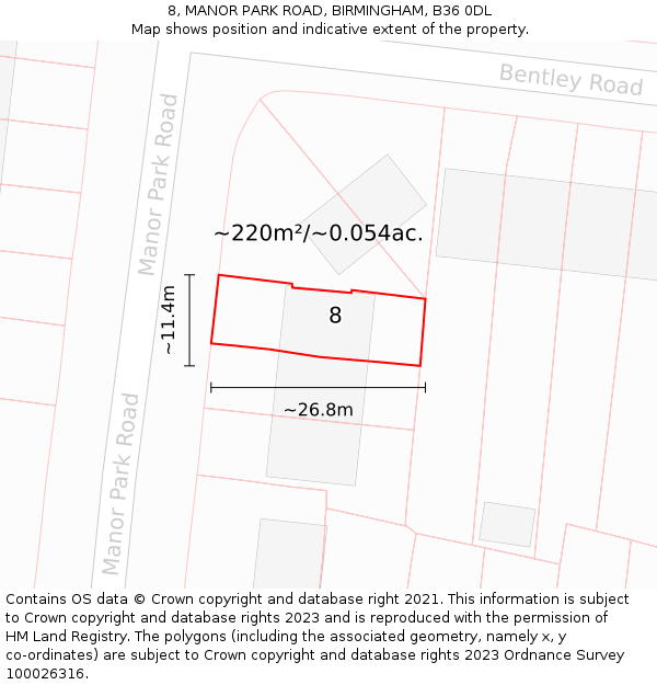 8, MANOR PARK ROAD, BIRMINGHAM, B36 0DL: Plot and title map