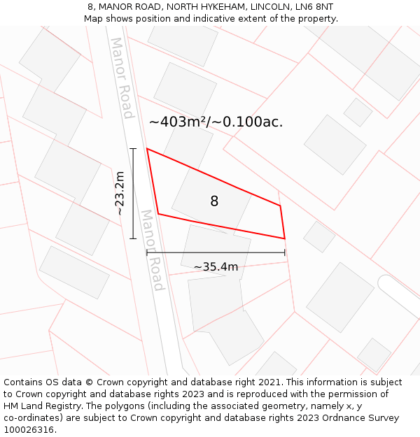 8, MANOR ROAD, NORTH HYKEHAM, LINCOLN, LN6 8NT: Plot and title map