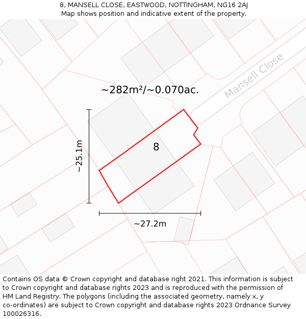 8, MANSELL CLOSE, EASTWOOD, NOTTINGHAM, NG16 2AJ: Plot and title map