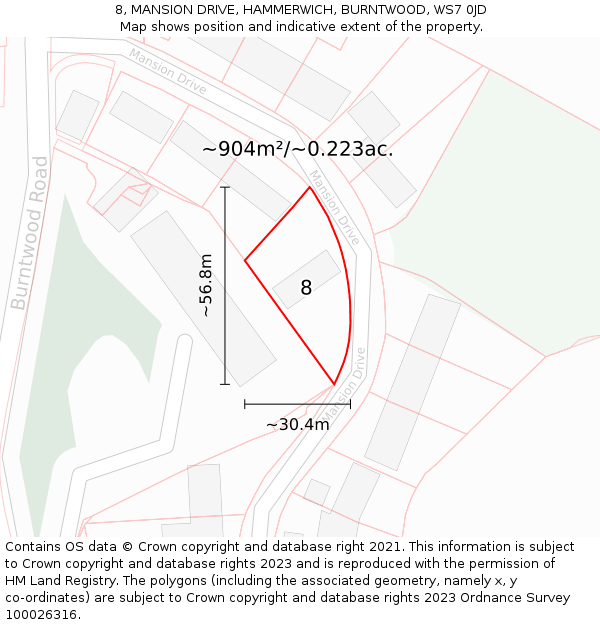 8, MANSION DRIVE, HAMMERWICH, BURNTWOOD, WS7 0JD: Plot and title map