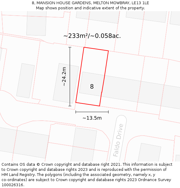 8, MANSION HOUSE GARDENS, MELTON MOWBRAY, LE13 1LE: Plot and title map