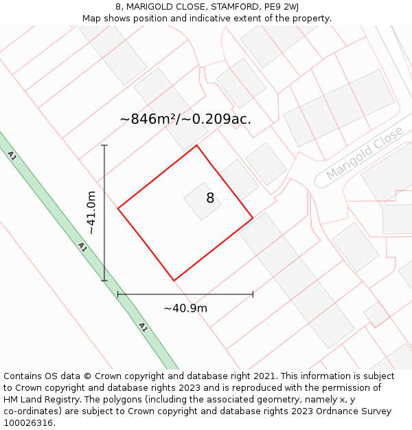 8, MARIGOLD CLOSE, STAMFORD, PE9 2WJ: Plot and title map