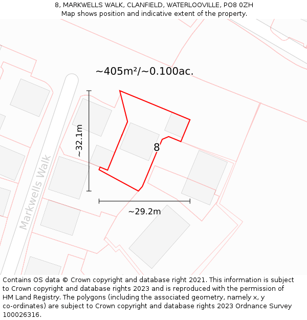 8, MARKWELLS WALK, CLANFIELD, WATERLOOVILLE, PO8 0ZH: Plot and title map