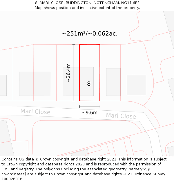 8, MARL CLOSE, RUDDINGTON, NOTTINGHAM, NG11 6RF: Plot and title map