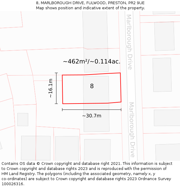 8, MARLBOROUGH DRIVE, FULWOOD, PRESTON, PR2 9UE: Plot and title map